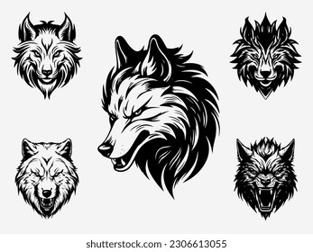 wolf head black and white illustration logo set