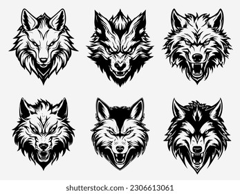 wolf head black and white illustration logo set