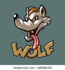Wolf Head Cartoon colorful and lettering green background. Label design old school art illustration. T-shirt design. Sticker design