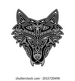 Wolf head Celtic style, T-shirt typography design, wild animal graphic print. Vector illustration.