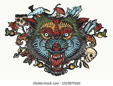 Wolf head. Color tattoo and t-shirt design. Dark fairy tale art. Gothic animals. Halloween elements 