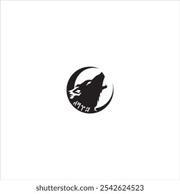 Wolf head and crescent moon logo in black and white background