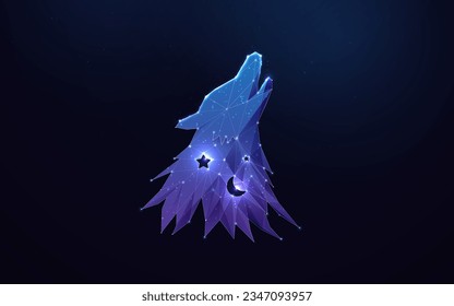 Cabeza de lobo con luna creciente y estrellas. Elemento de diseño de logotipo. Bajo poligono y alambre de puntos y líneas. Ilustración del vector