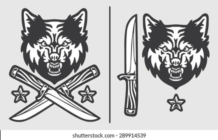 Wolf Head with Crossed Knives Logo Emblem