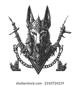 Wolf head with crown and chain frame. Black and white wolf symbol