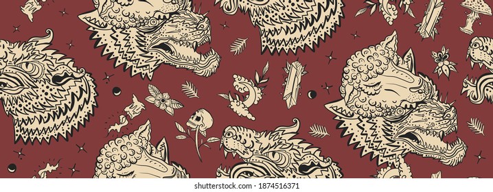 Wolf head, dark seamless pattern. Old school tattoo style. Magic fairy tale style background. Werewolf in sheep clothing. Aggressive wolves art 