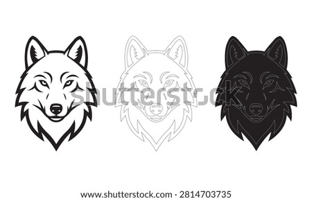 Wolf head design variations black outline line art and solid black illustrations for branding and graphic projects