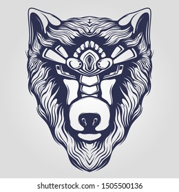 wolf head detail line art tattoo