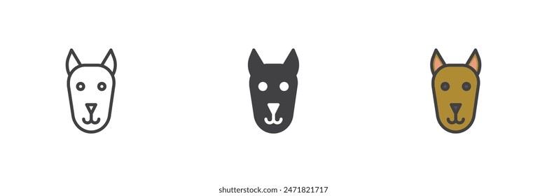 Conjunto de iconos de estilo diferente de cabeza de lobo. Línea, glifo y contorno relleno versión colorida, contorno y Vector relleno signo. Símbolo, ilustración del logotipo. Vector gráfico