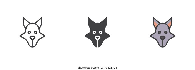 Wolf head different style icon set. Line, glyph and filled outline colorful version, outline and filled vector sign. Predator animal symbol, logo illustration. Vector graphics