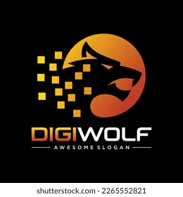 Plantilla de Vida Silvestre de Animales Futuristas Tecnología Digital Cabeza Lobo. Ilustración del vector de diseño del logotipo Wolve