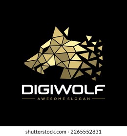 Plantilla de Vida Silvestre de Animales Futuristas Tecnología Digital Cabeza Lobo. Ilustración del vector de diseño del logotipo Wolve