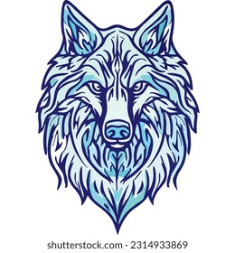 Wolf head emblem blue line art vector sketch