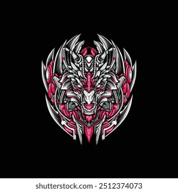 Wolf head emblem illustration design with robot style cyberpunk illustration