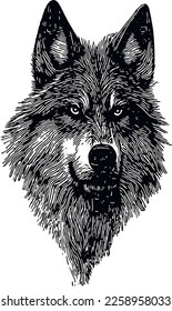 Emblema de la cabeza de lobo. Ilustración vectorial. Estilo grabado, Isolación de ilustración para banner, fondo, tarjeta, libro, tatuaje, camiseta, afiche