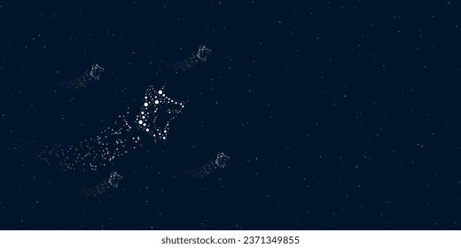 A wolf head filled with dots flies through the stars leaving a trail behind. Four small symbols around. Empty space for text on the right. Vector illustration on dark blue background with stars