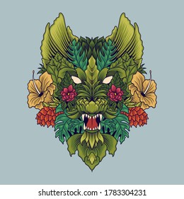 Wolf head flower ornament vector illustration