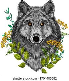 Cabeza de lobo con flores y hojas ramas vectorial impresión