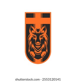 Wolf head football team emblem with bold geometric design, featuring a soccer ball and orange and black color scheme, ideal for sports logos and athletic merchandise designs.