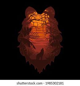 wolf head forest and tropical ,premium vector