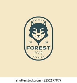 wolf head forest wildlife with badge insignia sticker vintage retro logo design vector icon illustration template