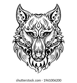 Wolf head front view with ethnic decorations. Predator front view portrait with curls and tribal ornaments. Vector native sketch for tattoo and printing on stuff