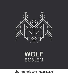 Wolf head geometric emblem. Creative thin line style illustration of predator muzzle with stylized mountains and firs
