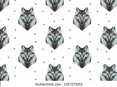 Wolf head geometric seamless pattern. Animal portrait with triangles on white background. Vector low poly illustration of wolfs in polygonal style.