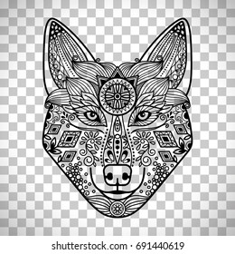 Wolf head with hand drawn guata vector ornament, isolated on transparent background