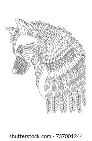Wolf head. Hand drawn picture. Sketch for antistress adult coloring book. Vector illustration  for coloring page, isolated on white background. Template for poster, t-shirt or tattoo.
