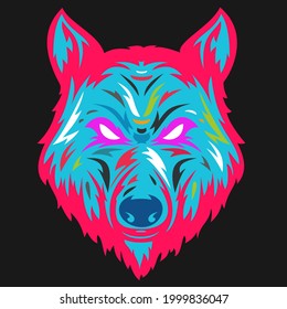 Wolf head in hand drawn sketch color style isolated on black background. Modern pop art graphic design element for label or poster. Vector illustration.