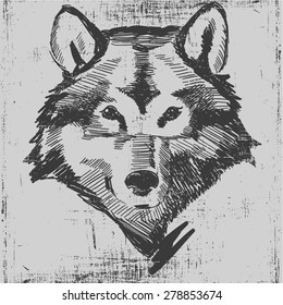 Wolf head hand drawn sketch grunge texture engraving style.