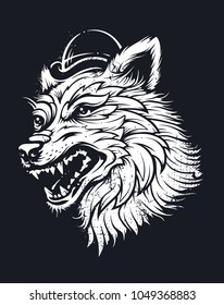 Wolf head in hat. Old school tattoo style illustration. Vector art.