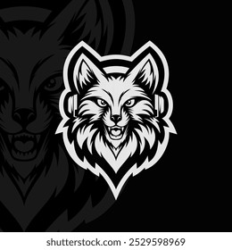 Wolf head with headphone mascot animal esport illustration logo design, black white