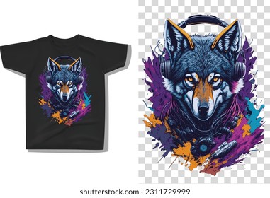 Wolf Head With Headphone T-shirt, Wolf T-shirt Design, Illustration Vector Art svg
