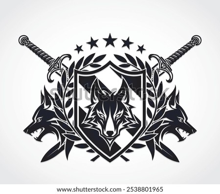wolf head heraldry logo with shield laurel wreath swords and stars