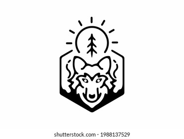 Wolf head in hexagon badge line art design