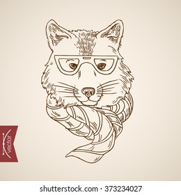 Wolf head hipster style human like clothes accessory wearing glasses scarf. Engraving style pen pencil crosshatch hatching paper painting retro vintage vector lineart illustration.