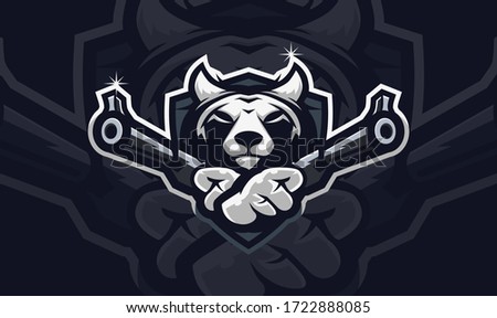 wolf head holding two gun, tactical team, Airsoft gun or Paintball club logo. Design element for company logo, label, emblem, apparel or other merchandise. Scalable and editable Vector illustration