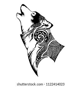 Wolf head and howl tribal tattoo vector with white isolated background