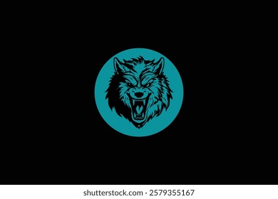 The wolf head icon is in a blue circle on a black background. Simple illustration of a wolf's head