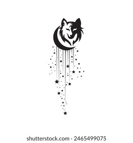 Wolf Head Icon and moon Vector illustration. Howling wolf face symbol. tattoo sign, emblem isolated on white background, Wolf Stars for t-shirt graphic and silhouette, logo.