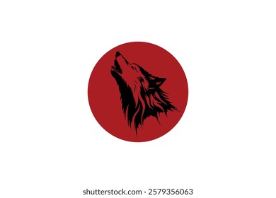 The wolf head icon is in a red circle on a white background. Simple illustration of a wolf's head