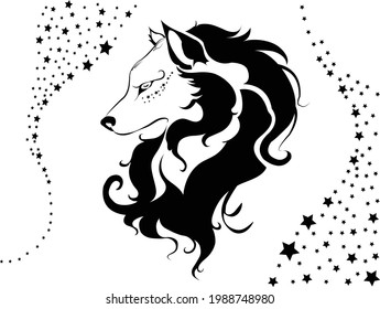 Wolf Head Icon Vector illustration. Howling wolf face symbol. tattoo sign, emblem isolated on white background, Wolf Stars for t-shirt graphic and silhouette, logo. EPS10.