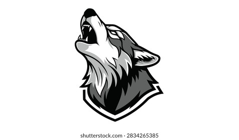 Wolf head illustration featuring a stylized howling canine in monochromatic vector graphic design for sports emblems or merchandise