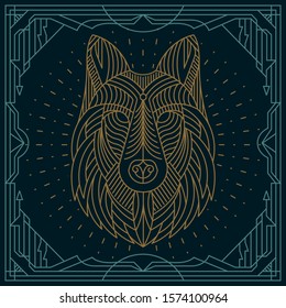 Wolf head illustration label with line art design art deco  frame poster 