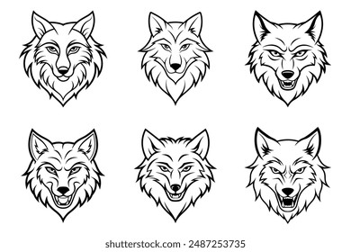 wolf head line art vector illustration bundle set.