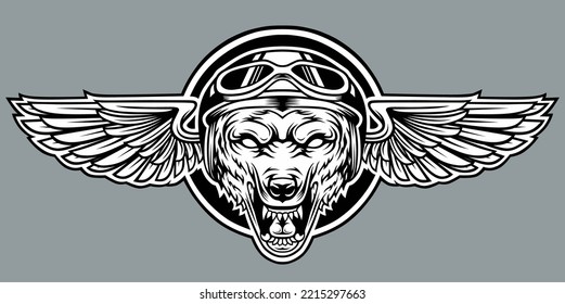 Wolf head logo with additional object one pair of bird wings and helmet for motorcycle. Vector inspiration. Design element for logo,community logo,tshirt,emblem,poster. Vector illustration.