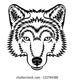 A Wolf head logo in black and white. This is vector illustration ideal for a mascot and tattoo or T-shirt graphic.