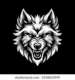 Wolf head logo design emblem vector illustration template black and white hand draw abstract